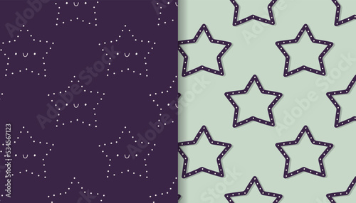 Set of vector seamless patterns with hand drawn luminous stars.