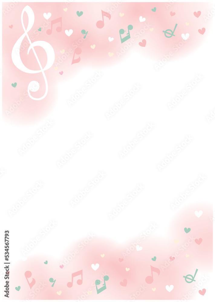 音楽フレーム　かわいい ファンシーなピンク　ハート　ト音記号　八分音符　縦型　コンサートチラシ