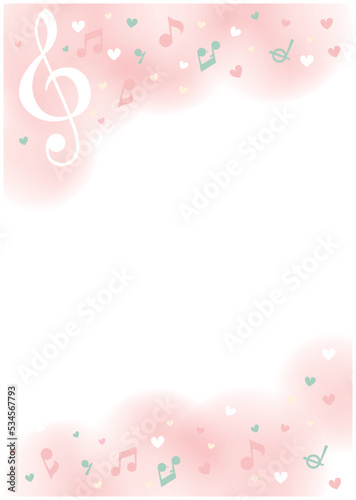 音楽フレーム　かわいい ファンシーなピンク　ハート　ト音記号　八分音符　縦型　コンサートチラシ © ぶたらっこ