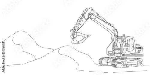 hand drawn vector ilustration of excavator on a construction site or in a quarry 