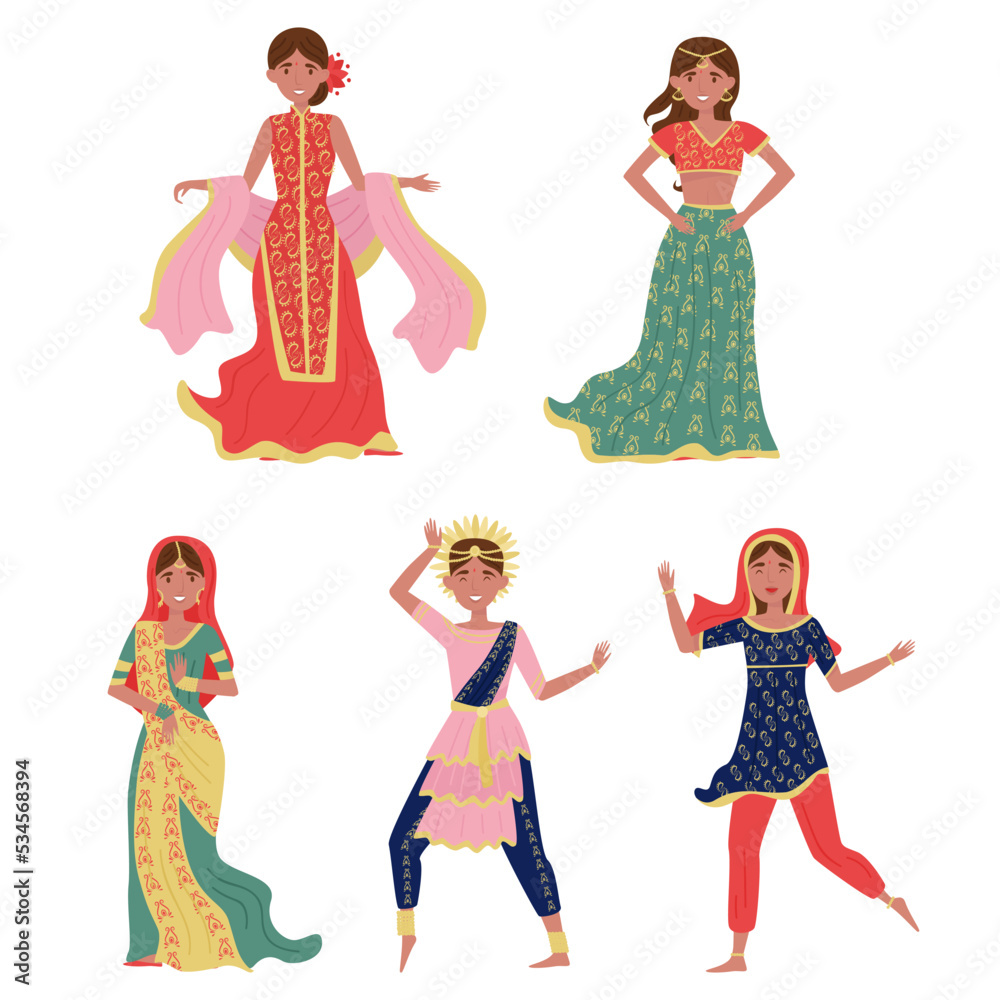 Indian Woman Character in National Saree Dress Dancing and Standing Vector Set Indian Woman Character in National Saree Dress Dancing and Standing Vector Set
