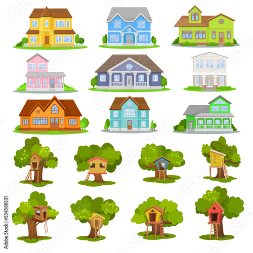House Exterior Front Building and Wooden Tree House with Ladder Big Vector Set
