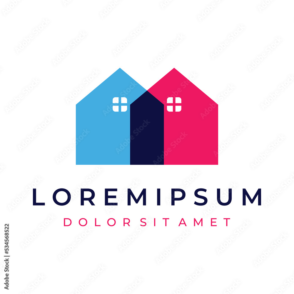 A creative logo design for a monogram or geometric house or residential building in a flat and linear style. Logo for property, building construction, architecture, and business.