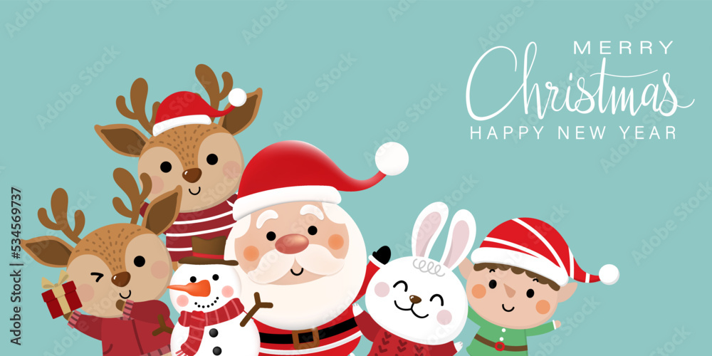 Merry Christmas and happy new year 2023 greeting card with cute Santa Claus,  snowman, rabbit and bunny. Holiday cartoon character in winter season. -Vector