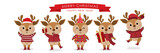 Cute deer, reindeer in winter costume with red gift. Merry Christmas and happy new year greeting card.  Animal holidays cartoon character set.