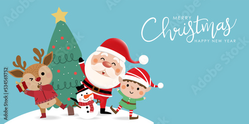 Merry Christmas and happy new year 2023 greeting card with cute Santa Claus, little elf, snowman, xmas tree  and deer. Holiday cartoon character in winter season. -Vector