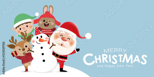 Merry Christmas and happy new year 2023 greeting card with cute Santa Claus,  snowman, rabbit and bunny. Holiday cartoon character in winter season. -Vector