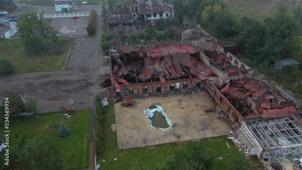 Ukraine War - Destroyed Babushkin Sad Hotel in Kiev from above Ukraine War - Destroyed Babushkin Sad Hotel in Kiev from above