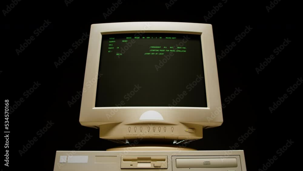 Retro pc with loading code console, programmer making scripts, green ...