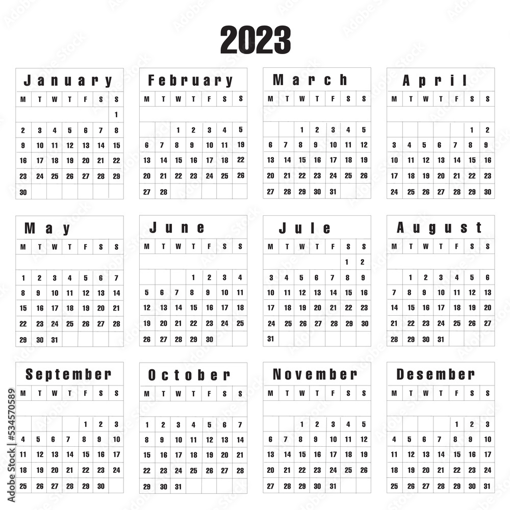 black and white calendar 2023 on a white background. vector illustration. black and white calendar 2023 on a white background. vector illustration.