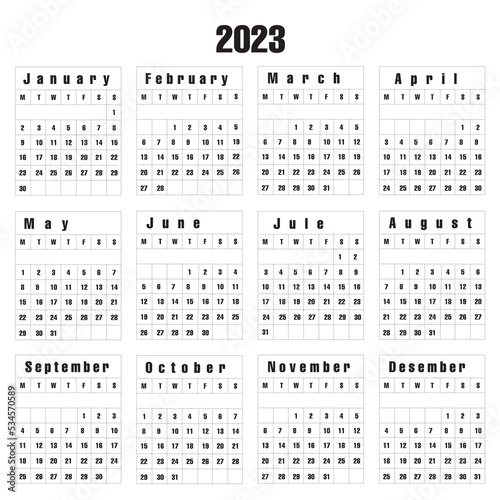 black and white calendar 2023 on a white background. vector illustration.