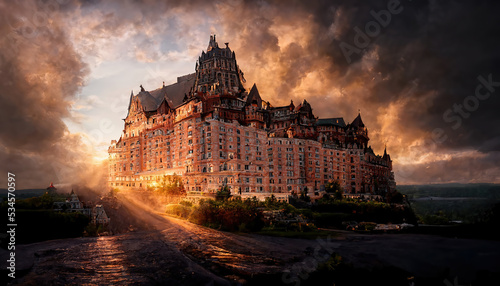 AI generated image of a large hotel based on Fairmont Le Chateau Frontenac in Quebec photo