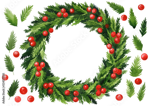 Holly leaves and berry. Christmas wreath of green branches with red berries, watercolor illustration