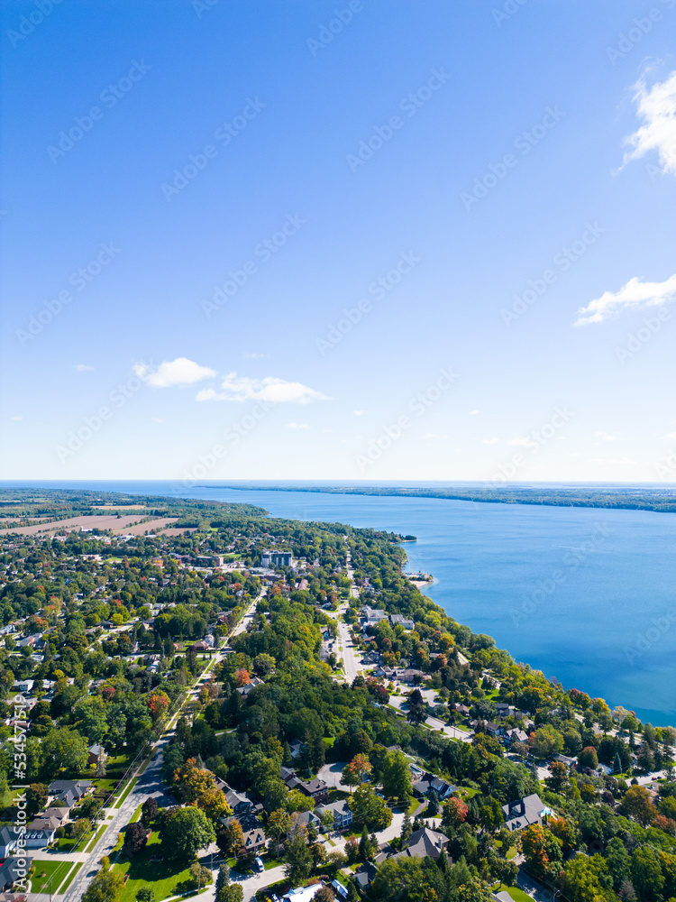 Fototapeta premium Down town barrie Drone views Beginning of fall blue skies and clouds 