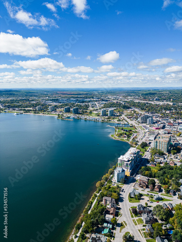 Down town barrie Drone views Beginning of fall blue skies and clouds 