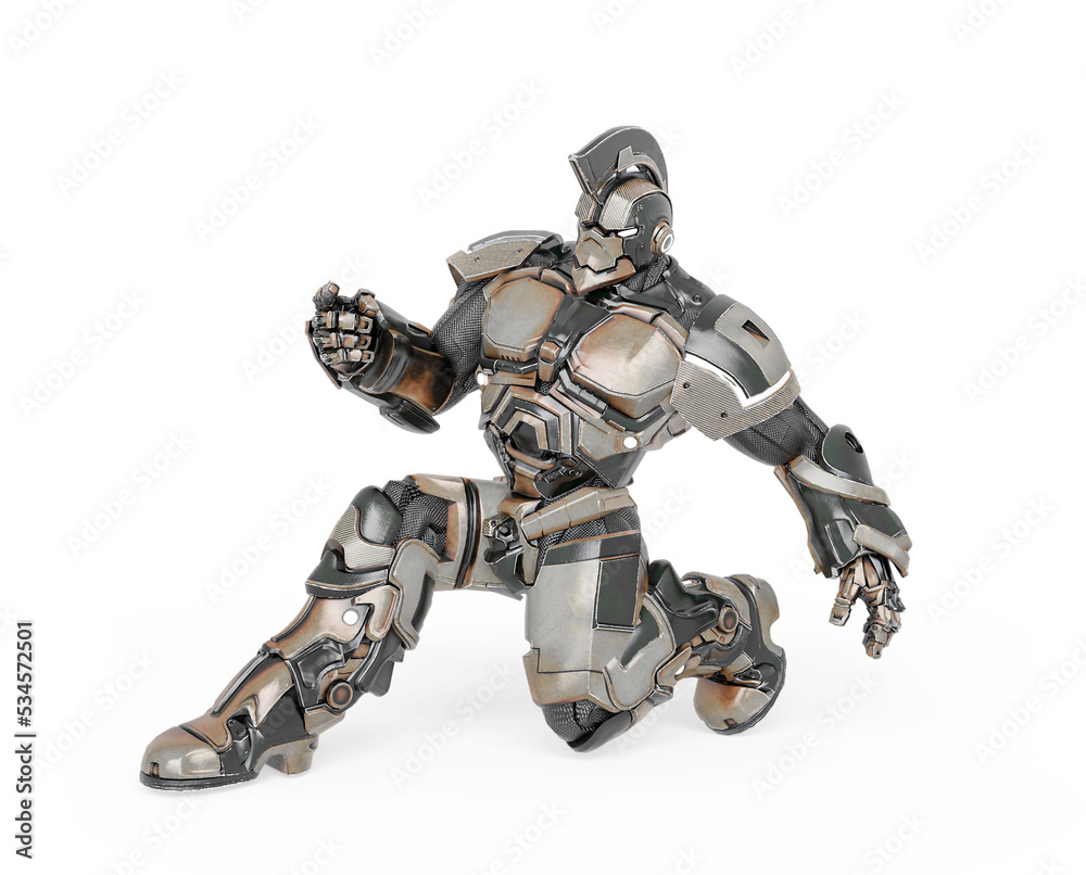 war ready robot is on his knee pose