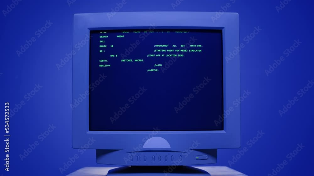 Retro pc with loading code console, programmer making scripts, green ...