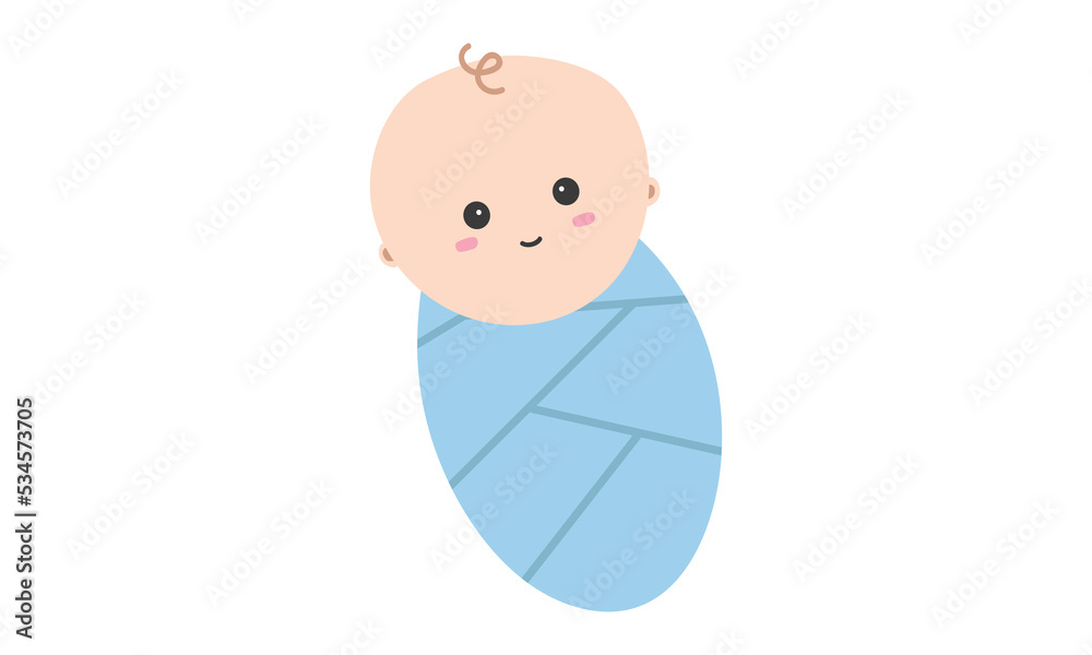 Smiling baby swaddle clipart. Simple cute smile baby swaddle in blue wrap flat vector