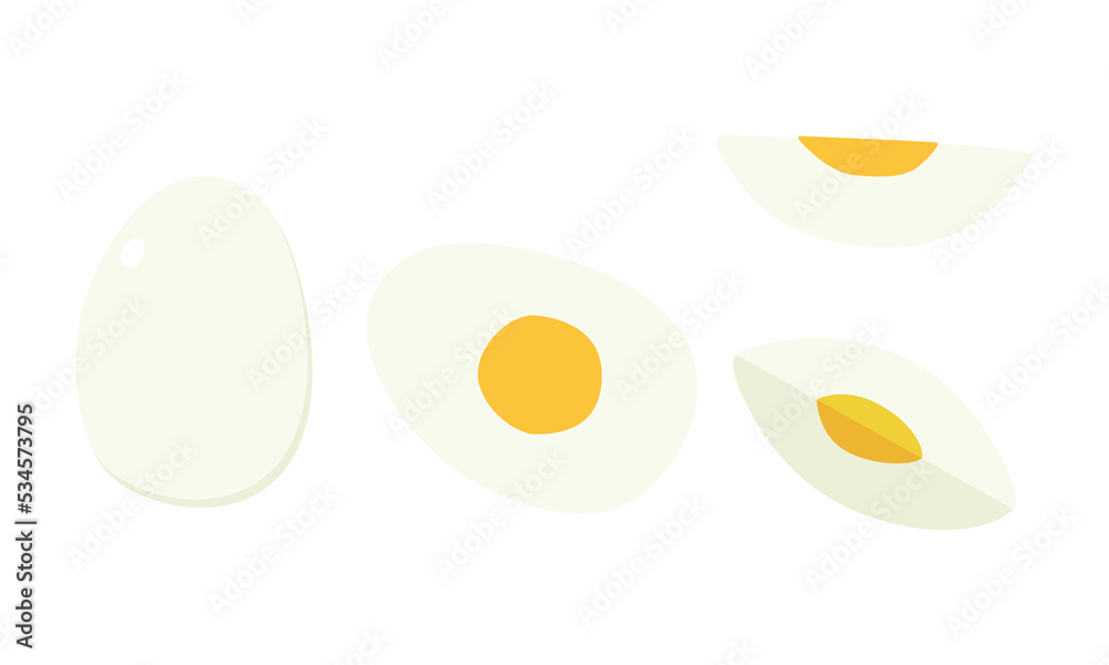 Vector set of sliced hard boiled egg clipart. Simple whole, half, a quarter, cut sliced boiled egg flat vector illustration isolated. White boiled chicken egg with yellow yolk cartoon hand drawn style Vector set of sliced hard boiled egg clipart. Simple whole, half, a quarter, cut sliced boiled egg flat vector illustration isolated. White boiled chicken egg with yellow yolk cartoon hand drawn style