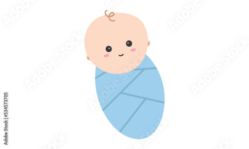 Smiling baby swaddle clipart. Simple cute smile baby swaddle in blue wrap flat vector illustration. Happy infant baby swaddling cartoon style. Kids, baby shower, newborn and nursery decoration concept