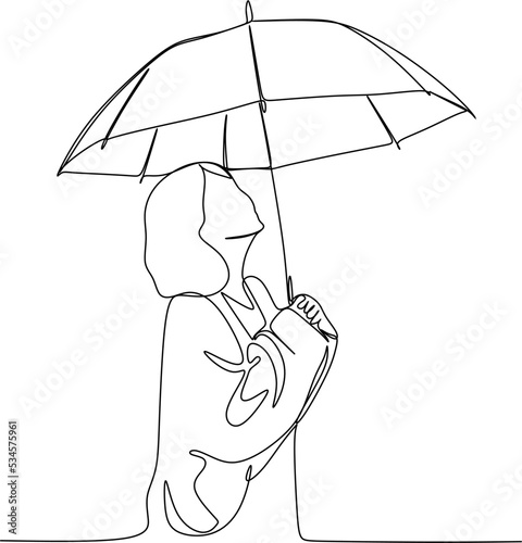 Continuous Line Drawing of young woman is standing under an umbrella cane in a fashionable autumn coat. Vector One Line Sketch