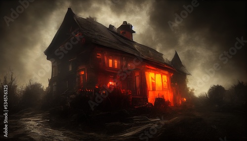 Scary house, halloween eve. Homes at night, dark clouds, terror. AI Generated image.