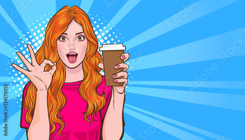 surprised Beautiful young woman show drink beverage coffee 30