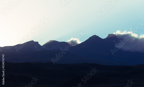 Mountain Aragats. Huge Mountain view with sunset. Beautiful view of Aragats with four peaks.