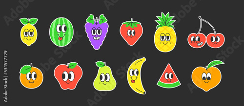 Set of trendy happy fruit sticker in vintage cartoon style. Retro summer tropical fruits, character label illustration collection on isolated background. Funny colorful food mascot bundle.