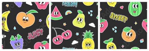 Set of trendy happy fruit seamless pattern in vintage cartoon style. Retro summer tropical fruits background. Character label illustration collection. Funny colorful food mascot print.