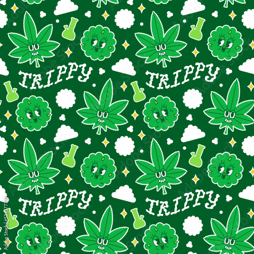 Trendy psychedelic cannabis plant sticker seamless pattern in vintage cartoon style. Retro 70s art weed drug background illustration. Funny green marijuana groovy print.