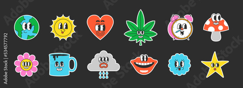 Set of trendy psychedelic sticker in vintage cartoon style. Retro 70s art character label illustration collection on isolated background. Funny colorful groovy mascot bundle.
