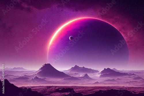 Mars purple space landscape with large planets on purple starry sky  meteors and mountains. Nature on another planet with a huge planet on the horizon