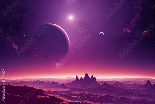 Mars purple space landscape with large planets on purple starry sky, meteors and mountains. Nature on another planet with a huge planet on the horizon