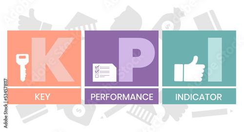 KPI - Key Performance Indicator acronym. lettering illustration with icons for web banner, flyer, landing page, presentation, book cover, article, etc.