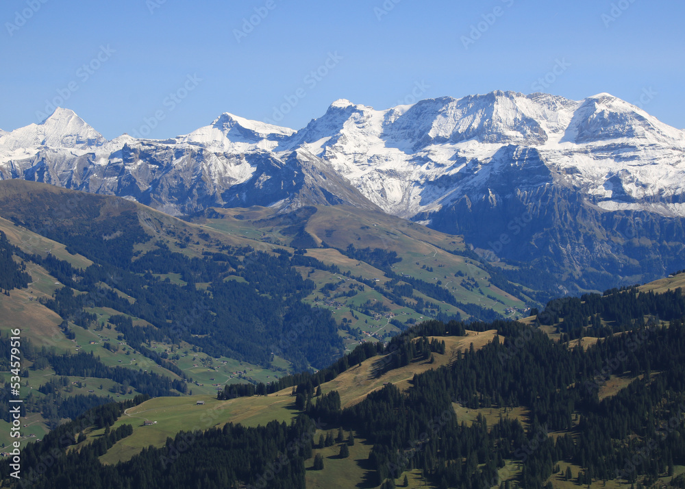 Lenk Valley and snow capped mountains. Lenk Valley and snow capped mountains.