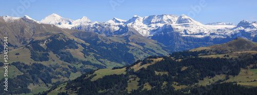 Lenk Valley and snow capped mountains.