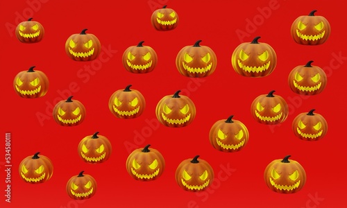 3D illustration, pattern of yellow halloween pumpkins, red background, 3D rendering.