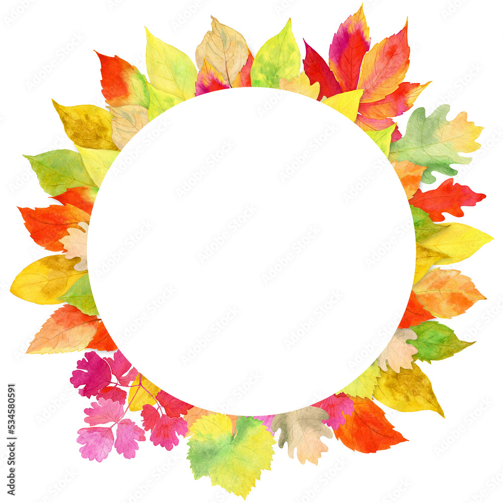 Watercolor, fall, round border of colorful leaves, isolated on ...