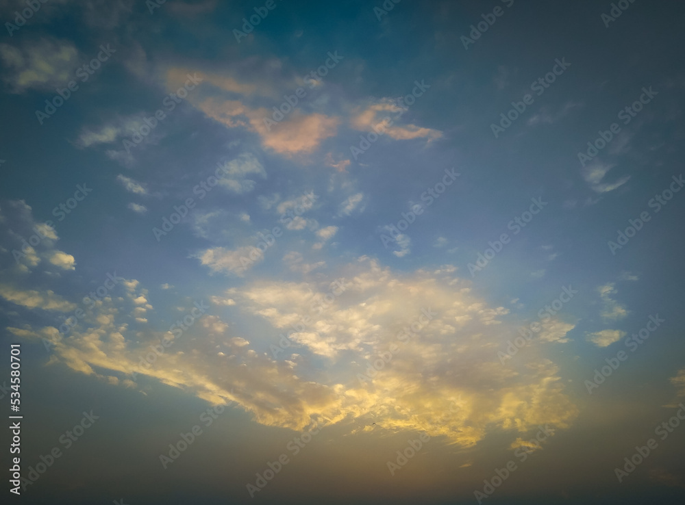 sun rays and clouds, sunset scenery view of colorful sky, nature photography, natural background 