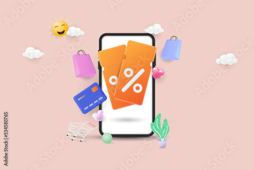3d mobile smartphone with coupon discount. Special offers advertisement. 3D Vector Illustration.