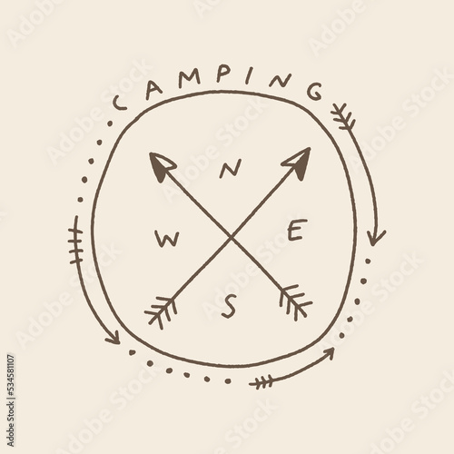 Camp travel compass logo aesthetic decor elements. Vector and jpg printable image, unique boho clipart illustration, editable isolated details. Perfect for poster or postcard template, t-shirt clothes