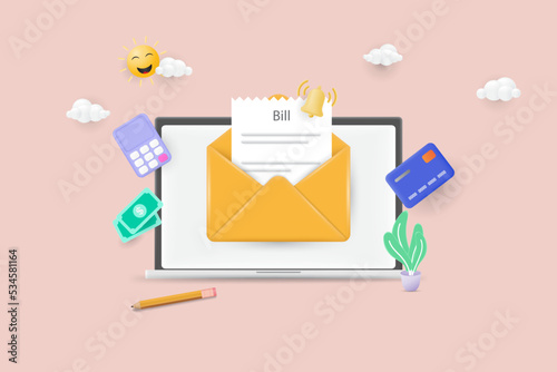 Bill notification by e-mail, tax bill, invoice, or other bills. Online payment concept. 3d vector illustration.