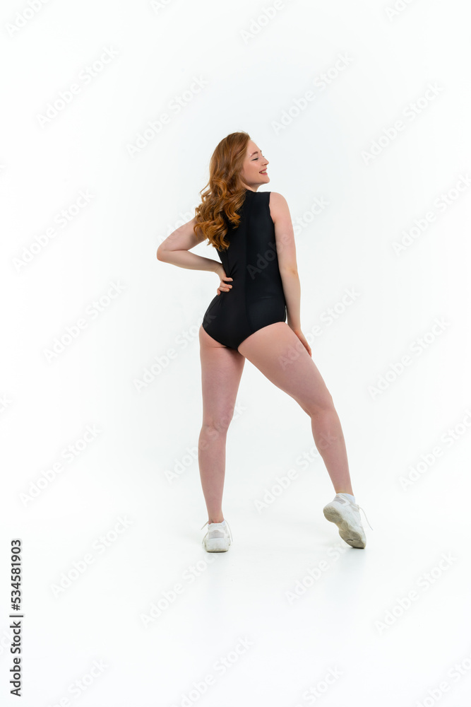 model size posing bodysuit on white background