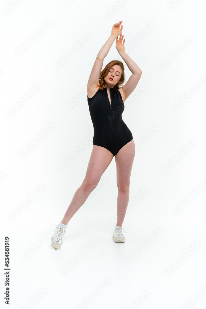 model size posing bodysuit on white background