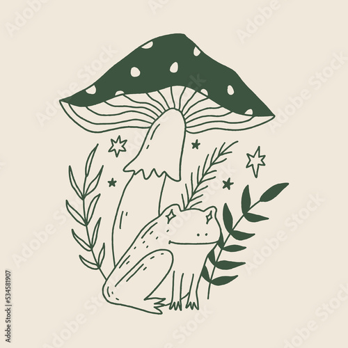 Groovy frog or toad and mushroom vector and jpg printable image, unique boho clipart illustration, goblincore, witchcore, fairycore trendy aesthetic style. Perfect for poster or postcard template, t