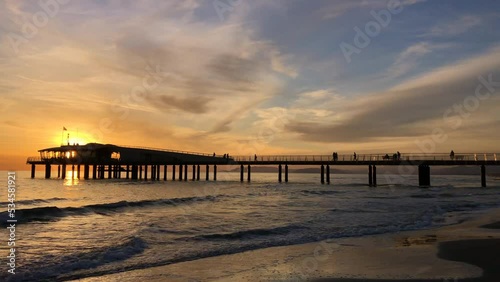 Lido di Camaiore panoramic view of beautiful coastline with beach at sunset and pier in Versilia, Lido Di Camaiore, Tuscany, Italy