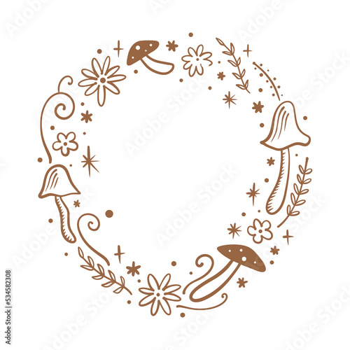 Floral frame or wreath mushroom, goblincore, witchcore, fairycore style aesthetic decor elements. Cartoon doodle text template in woodland forest style. Vector and jpg printable image, unique boho