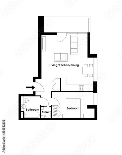 Black and white house floor plan, blueprint. House apartment with furniture. Floor plan of an apartment building. Unusual floor plan.