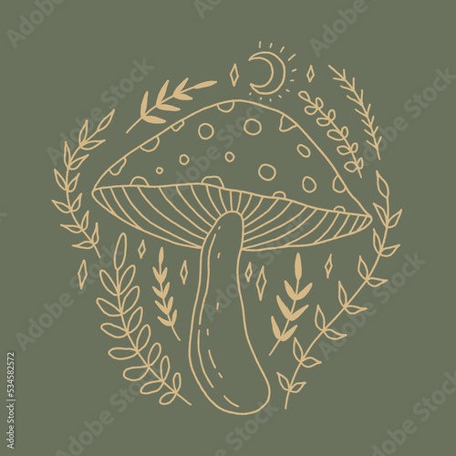 Witchcraft celestial fly agaric mushroom, goblincore, witchcore, fairycore style aesthetic, magical potion ingredients. Cartoon doodle style, woodland forest symbols. Vector and jpg printable image